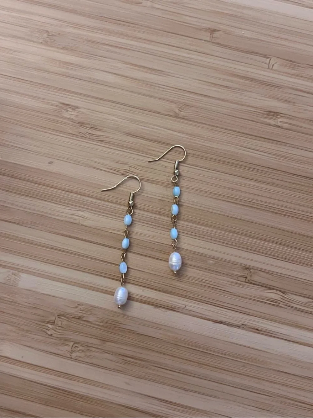 18K Gold-Plated Pearl & turquoise blue bead hook dangle earrings